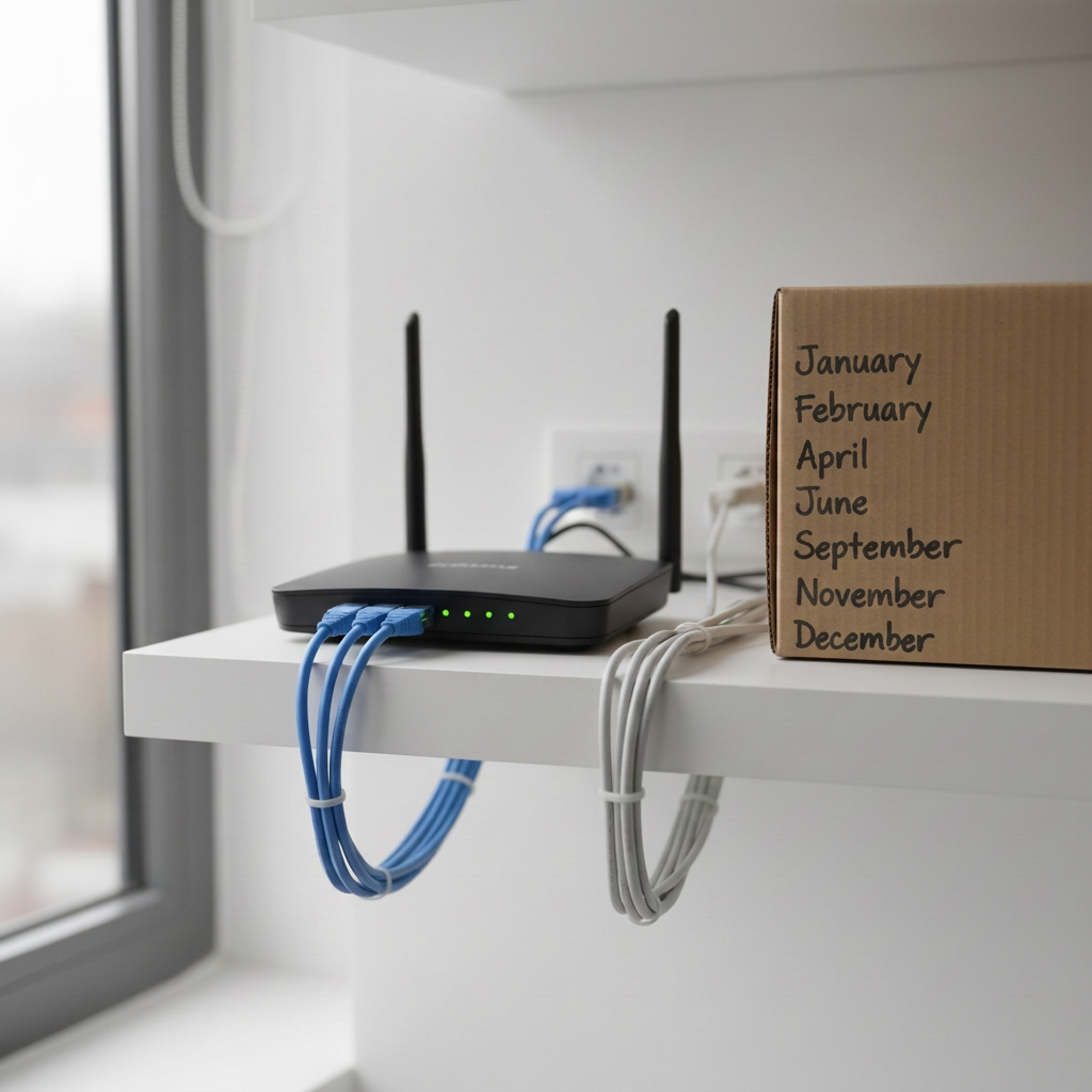 A clean office router on a simple white shelf, its small plastic body matte black with a few softly glowing green indicator lights, connected by neatly arranged network cables in blue and white. Beside it sits a plain cardboard file box labeled with handwritten Hungarian months, symbolizing business documents. Diffused overcast window light brightens the scene, creating very soft shadows and a feeling of order and control. Photographic realism, shot from a slightly elevated angle using the rule of thirds, with the router in sharp focus and the background gradually blurring into indistinct office shapes, illustrating a tidy, secure small-business network without any technical clutter or complexity.